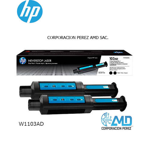 Toner HP 103AD, Marca: HP, Modelo: W1103AD, Color: Negro, Compatibilidad: HP Neverstop Laser 1000 Printer series, HP Neverstop Laser MFP 1200 Printer series, Rendimiento: 2500 páginas cada uno.